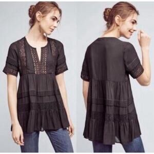 Anthropologie Maeve Blouse Boho Tunic Ruffles Top Sz M Black Beach Cover V Neck﻿